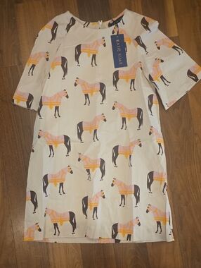 Katie Kime Cream Shift Dress with Pink & Yellow Horse Print